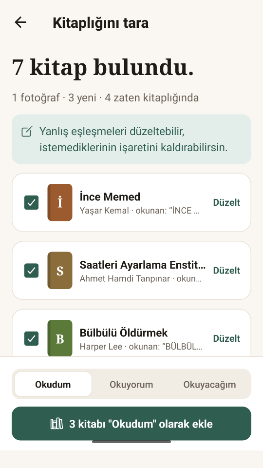 Sayfadaş uygulamasında raf tarama sonucu: 7 kitap bulundu